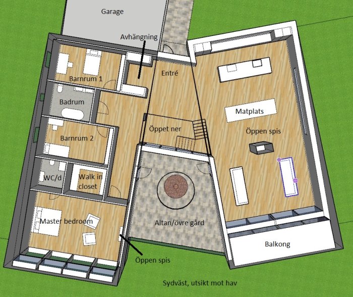 Planritning av ett sutteränghus med övre plan, inklusive master bedroom, barnrum och balkong med havsutsikt.