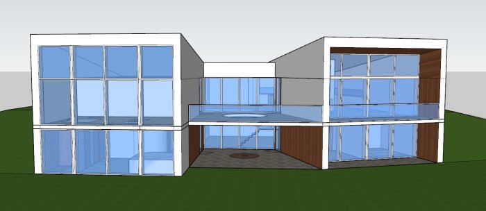 3D-modell av ett stort sutteränghus med stora fönster och dubbelgarage, designat för havsutsikt.