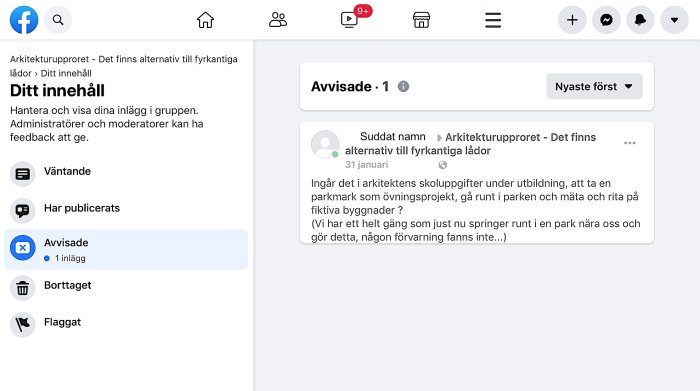 Skärmdump av avvisat Facebook inlägg i en arkitekturgrupp om användning av parkmark.