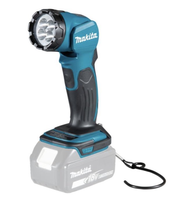 En Makita DML815 ficklampa med 18V batteri, blått och svart handtag, och LED-ljus fram.