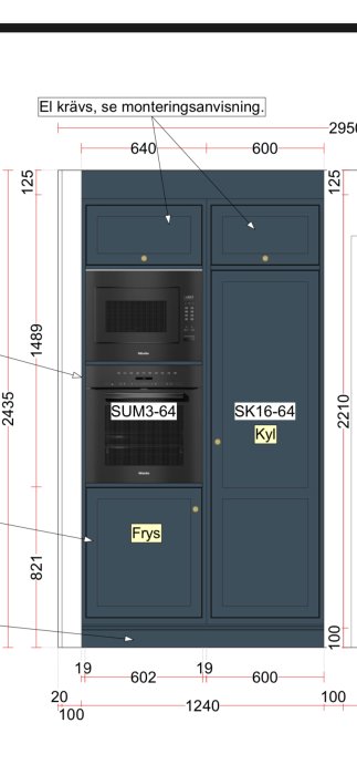 Ritning av kökssektion med måttangivelser, inkluderande ugn, mikrovågsugn och bänkfrys inbyggda i skåp.