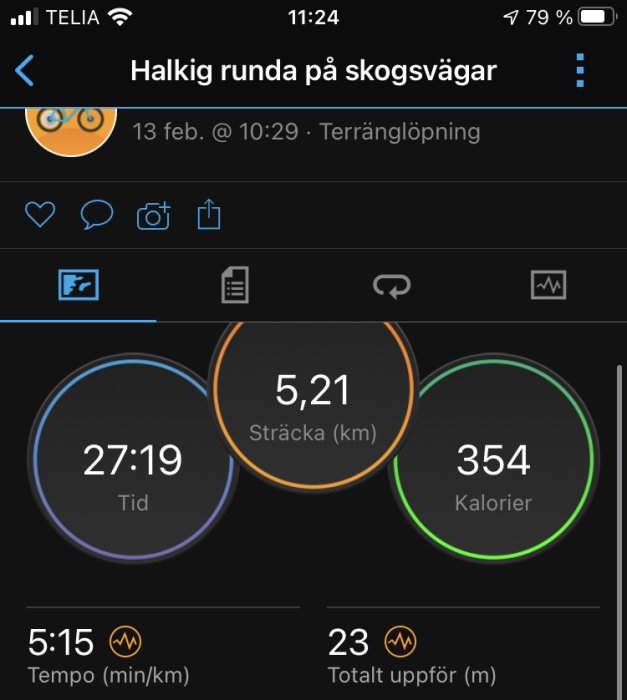 Skärmbild av träningsapp som visar löpstatistik med distans, tid, kaloriförbrukning, tempo och höjdmeter.