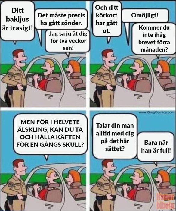 Seriebild med fyra rutor där en polis konfronterar ett par i bil om trasigt bakljus och körförbud. Humoristisk dialog.