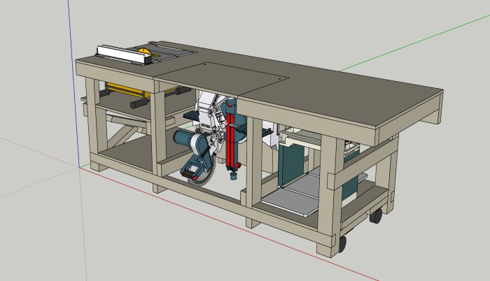 3D-modell av en mobil arbetsbänk med inbyggda gersåg och bordssåg samt hjul för förflyttning.