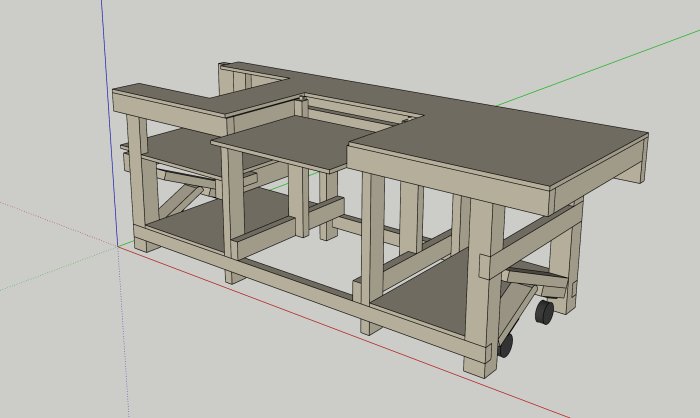 3D-skiss av mobil arbetsbänk i trä med utrymme för gersåg och bordssåg, på hjul för utomhusbruk.