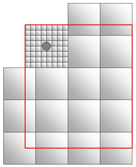 Skiss av badrumsgolv med 60x60 plattor och mindre plattor runt en golvbrunn, markerat område för fall.