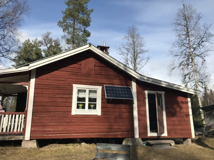 Rött fritidshus med tegeltak och plåtdetaljer samt solpanel under vinterhimlen.