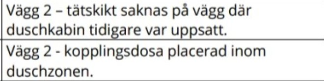 Utdrag från besiktningsprotokoll med punkter om bristande tätskikt och felplacerad kopplingsdosa.