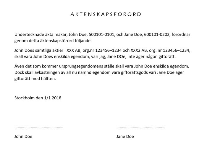 Exempeldokument för äktenskapsförord som specificerar ägande och avkastning av egendom mellan John och Jane Doe.