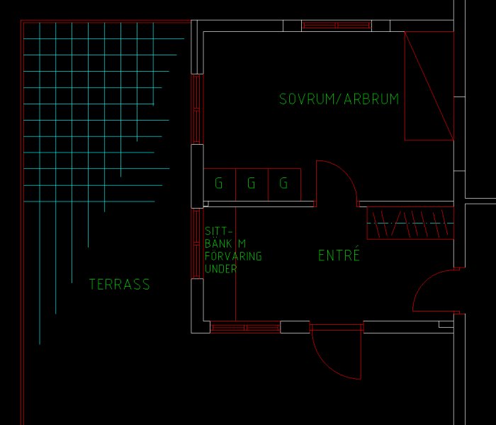 CAD-ritning av en bostadsplan med markerade terrass, sovrum, arbetsrum och entré.