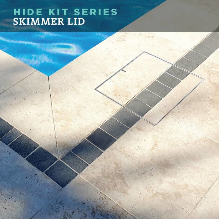 Transparent pool skimmer lid on tiled pool deck for a minimalist design.