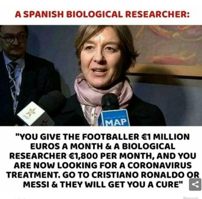 Meme om löneskillnader med forskare som jämför forskar- och fotbollsspelarlöner i pandemisammanhang.