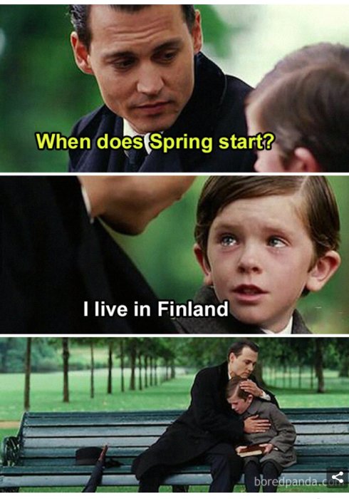 Två bilder staplade; den översta med en man och ett barn, texten "When does Spring start? I live in Finland", den nedre med mannen som kramar barnet.