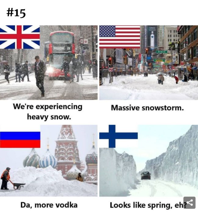 Kollage av fyra bilder som visar människor och fordon i kraftigt snöfall i olika länder, med humoristiska texter.