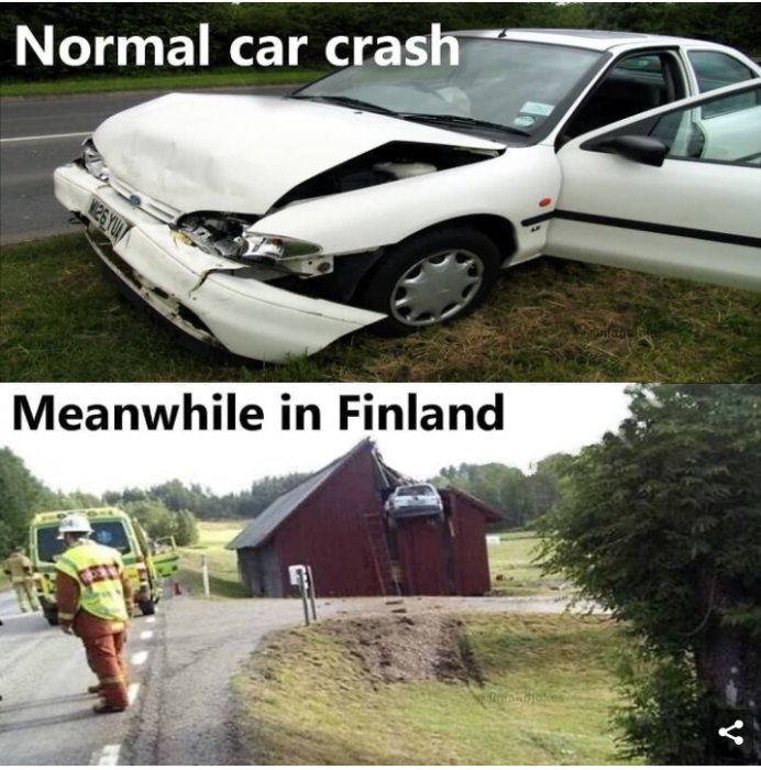 Två bilder som jämför en vanlig bilolycka och en ovanlig scen i Finland med bil på lada.