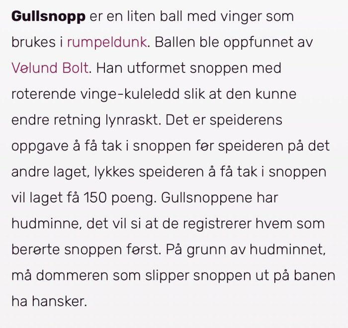 Skärmdump av en text på norska om Gullsnopp, en boll i Harry Potter-universumet, som används i Quidditch (rumpeldunk).