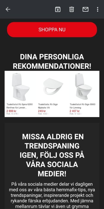 Reklambild för toalettskålar och sitsar med priser, erbjudande textruta och en uppmaning att följa på sociala medier.
