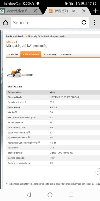 Skärmdump av en produktsida för motorsågen MS 271 med tekniska specifikationer och bild av sågen.