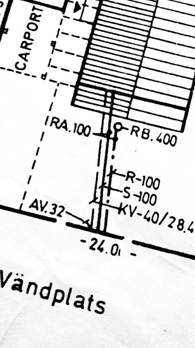 Arkitektonisk plan av vändplats och carport med olika markeringar och måttangivelser.