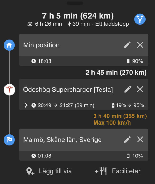 Skärmavbild av ABRP-appen som visar rutt Sthlm-Malmö med ett laddstopp och hastighetsbegränsning.