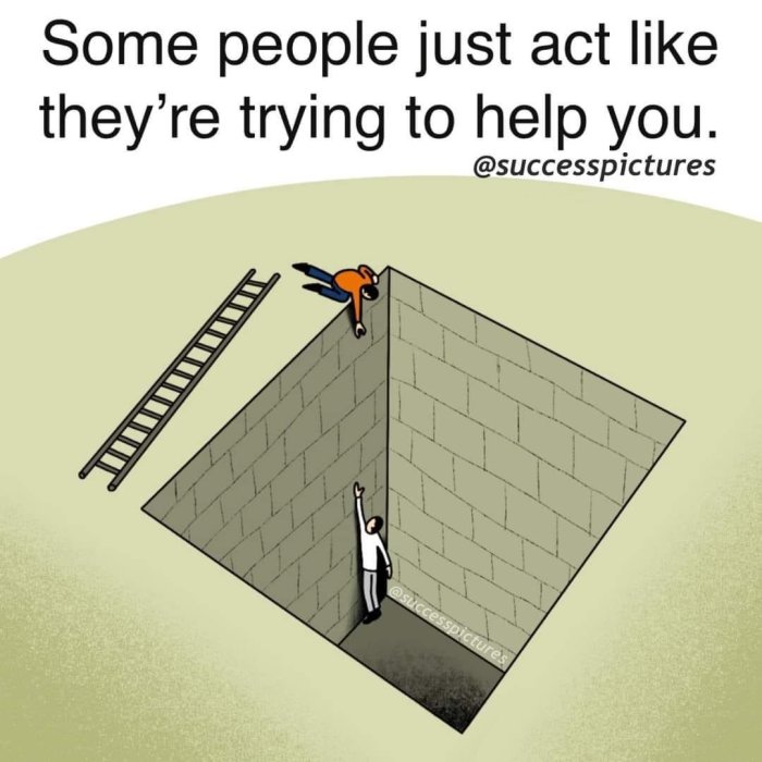 Illustration av en person i en grop som strecker sig mot en stege, medan en annan person håller stege utanför räckvidd.