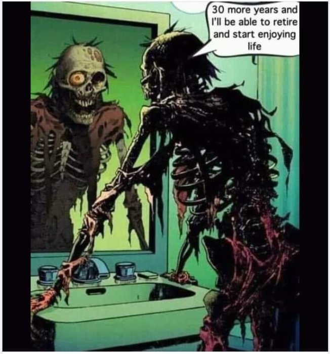 Illustrerad zombie som ser sin spegelbild och tänker på pensionering, med komisk underton.