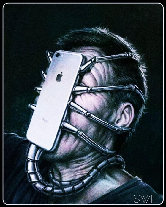 Konstnärlig bild av en person med en smartphone fastklämd framför ansiktet med metallstänger.