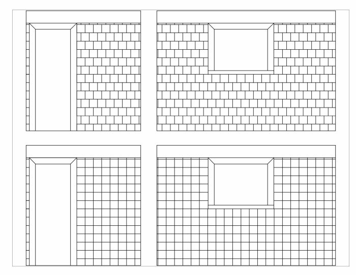 Schematiska illustrationer av väggkakel mönster i hel- och halvförband med golvlist och överkantlist.