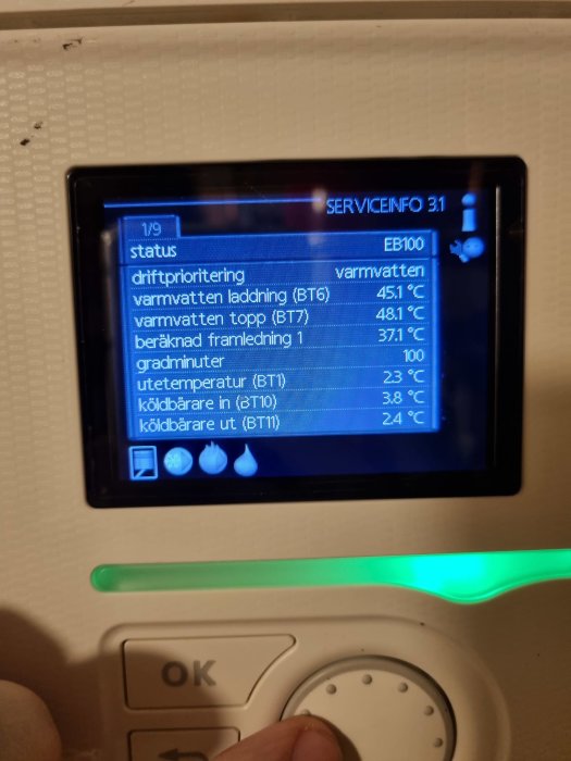 Skärm av värmesystem visar temperaturstatistik och driftstatus på en värmepanna.