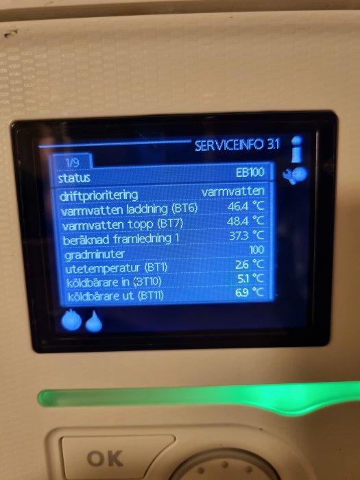 Digital display på en uppvärmningsanläggning som visar temperatur- och systeminformation.