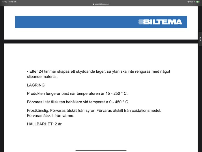 Skärmbild på en produktsida med information om lagring och hållbarhet för bilvax från Biltema.