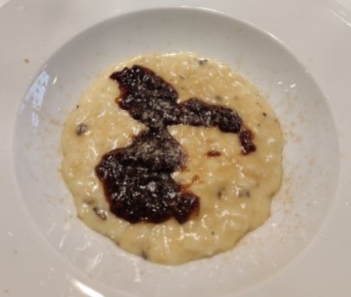 En tallrik med risotto med en mörk, ojämnt fördelad topping som ger ett otilltalande intryck.