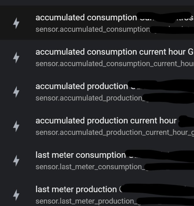 Skärmklipp av en lista över energiförbruknings- och produktionssensorer i ett smart hem-system.