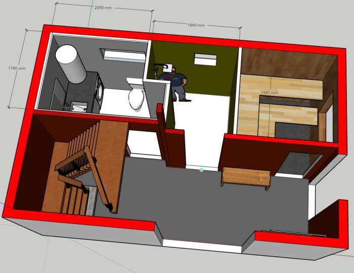3D-skiss av en husutbyggnad med markerade reglade väggar, inkluderar bastu, badrum och trappa.