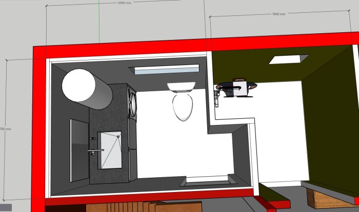 3D-skiss av ett planerat badrum med markerade reglade väggar, dusch, toalett och bastu.