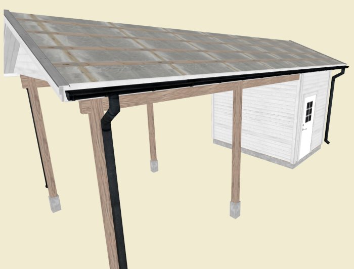 3D-modell av en carport med integrerat förråd, vitmålade väggar och grått tak.