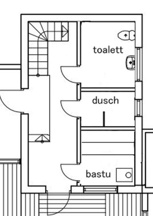 Ritning av en utbyggnad med planlösning för toalett, dusch, bastu och trappa till övervåning.