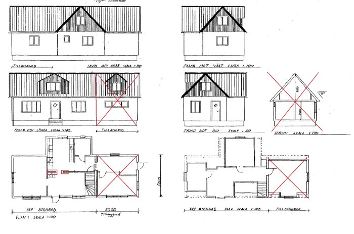 Arkitektoniska ritningar av ett hus, inkluderar planlösning och fasader, med markeringar för utbyggnader och en vägg som ska tas ner.