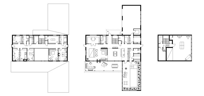 Svartvit ritning av en hustopografi med enkel linjedesign, visar planlösning från ovan.