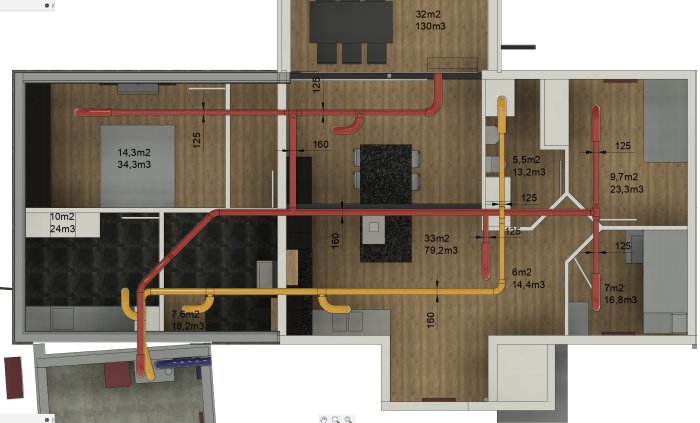 Översiktsbild av en planlösning med markerade rördragningar för FTX-system, rumsmått och flödesdimensioner.