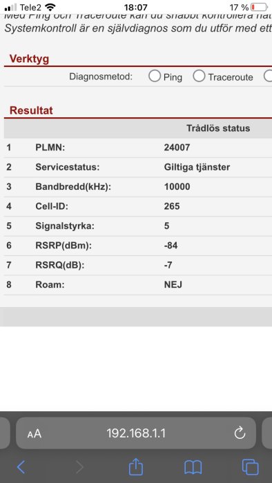 Skärmdump av modemstatus med signalvärden och nätverksinformation, simulerar förhållanden vid fönster på nedervåningen.