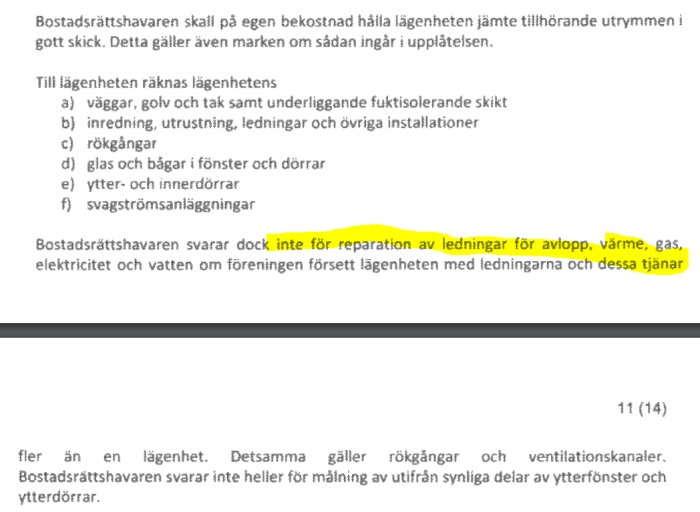 Bild av ett textdokument som förklarar en bostadsrättshavares ansvar och undantag kring ledningar.