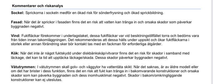 Dokument med rubriken "Kommentarer och riskanalys" som listar potentiella risker i olika delar av en byggnad, inklusive sockel och vind.