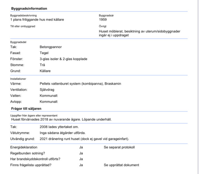 Skärmbild av byggnadsinformationsprotokoll från 1959 för ett tegelhus, inkluderar detaljer om värme och avlopp.
