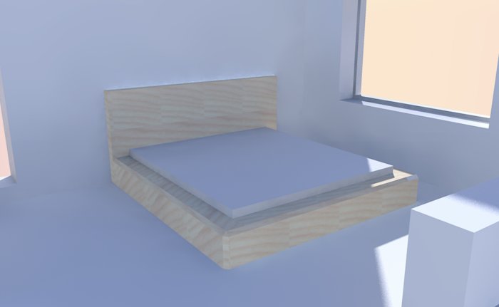 3D-renderad bild av oavslutad plattformsäng i plywood i ett rum med ett fönster.