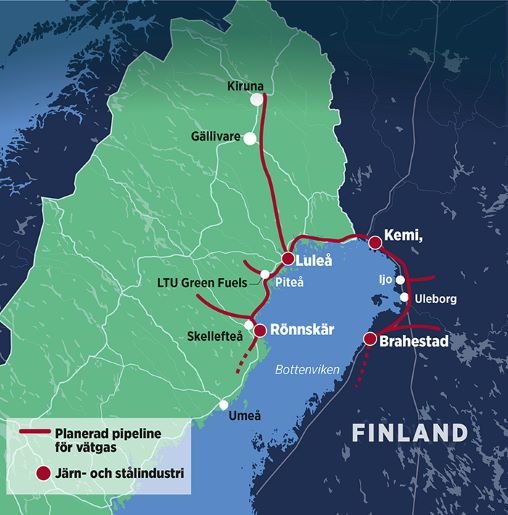 Karta över planerad 100 mil lång vätgasledning runt Bottenviken med angivna städer och industrier.