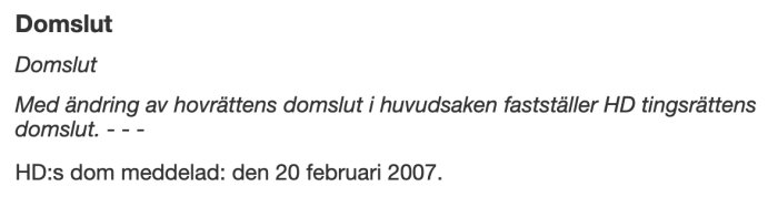 Textdokument som visar ett domslut med datumet 20 februari 2007.