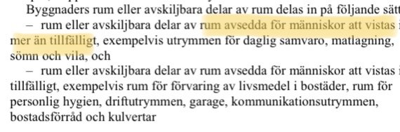 Utdrag ur BBR med regler för utrymmen i byggnader, med markering som visar kategorier för uterum.