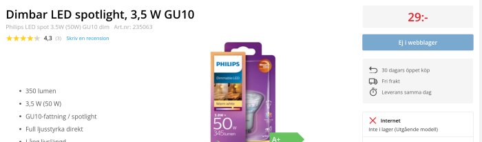 Produktbild på Philips dimbar LED-spotlight, 3,5W GU10, med förpackning och specifikationer.