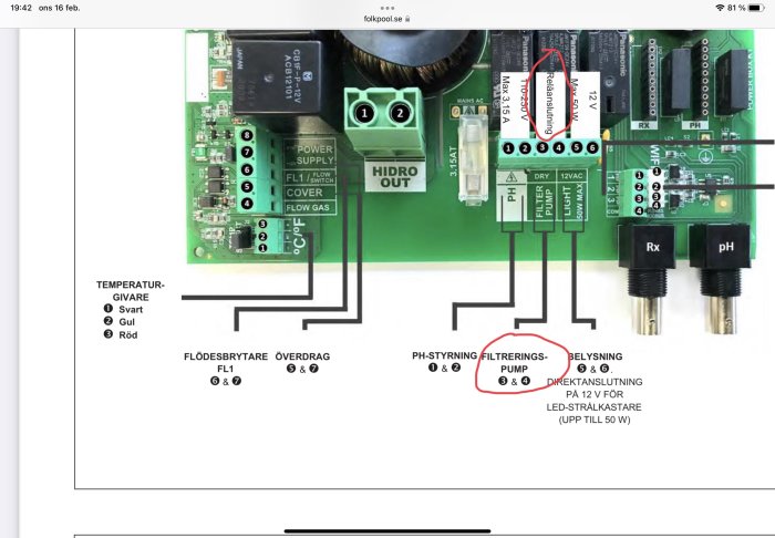 Diagram och kretskort för poolstyrning med markerade anslutningar för pH-styrning, belysning och filtreringspump.